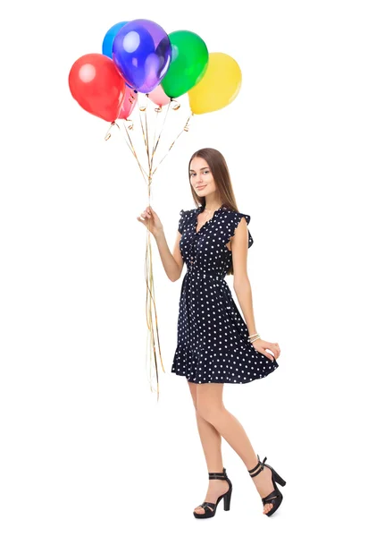 Schöne Frau mit bunten Luftballons — Stockfoto