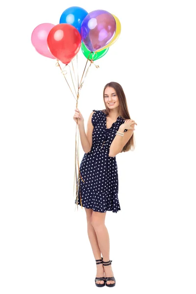 Όμορφη γυναίκα με πολύχρωμα μπαλόνια — Φωτογραφία Αρχείου