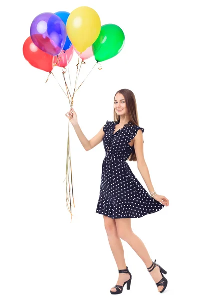 Vacker kvinna med färgglada ballonger — Stockfoto