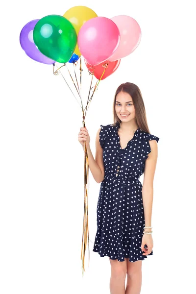 Gelukkige vrouw met kleurrijke ballonnen — Stockfoto