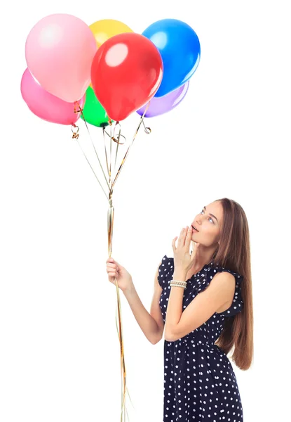 Vacker kvinna med färgglada ballonger — Stockfoto