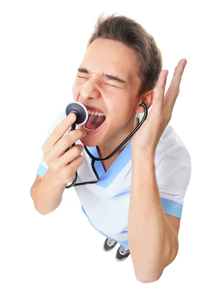 Doctor shouting into stethoscope — Stock Photo, Image