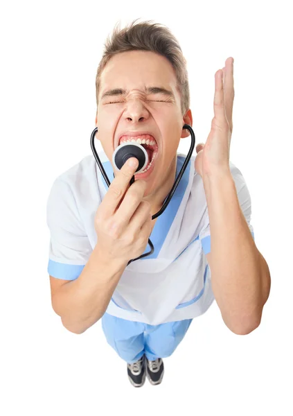 Doctor shouting into stethoscope — Stock Photo, Image