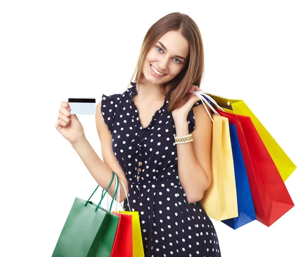 Happy shopping woman with credit — Stock Photo, Image
