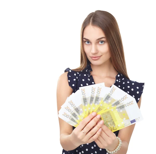 Woman holding euro money — Stock Photo, Image