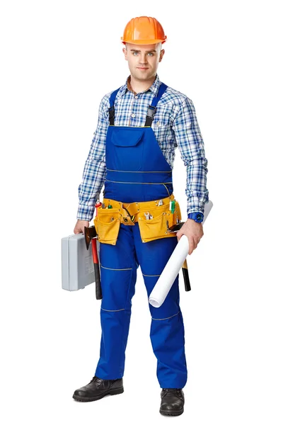 Construction worker with toolbox and drawings — Stock Photo, Image