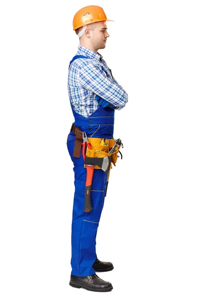 Yan görünüm portre genç erkek inşaat işçisi — Stok fotoğraf