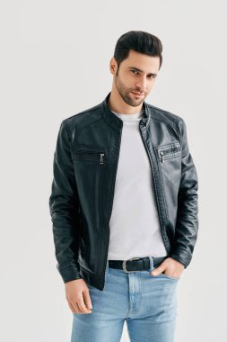 Handsome stylish man portrait on white studio background