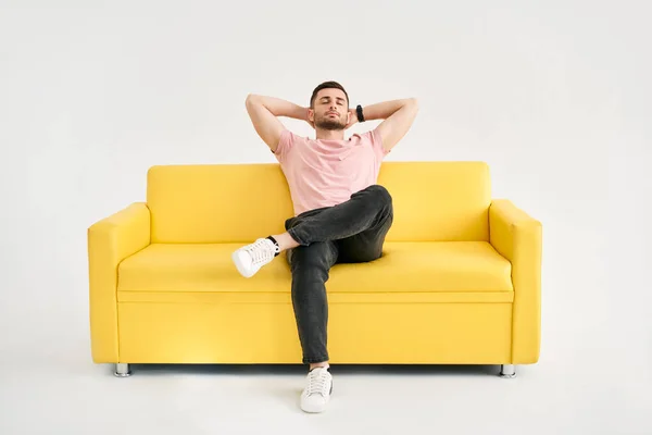 Relaxing Home Lifestyle Happy Man Rest Comfort Sofa Arms Head — Stockfoto