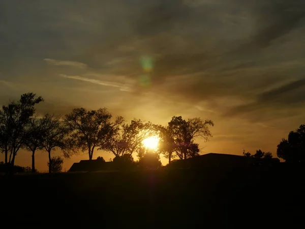 Vacker Solnedgång Bakom Silhuetter Träd — Stockfoto