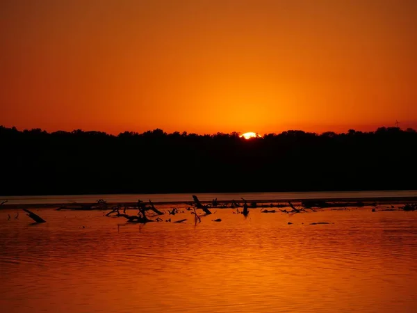 Pôr Sol Deslumbrante Acima Dos Topos Das Árvores Lago — Fotografia de Stock