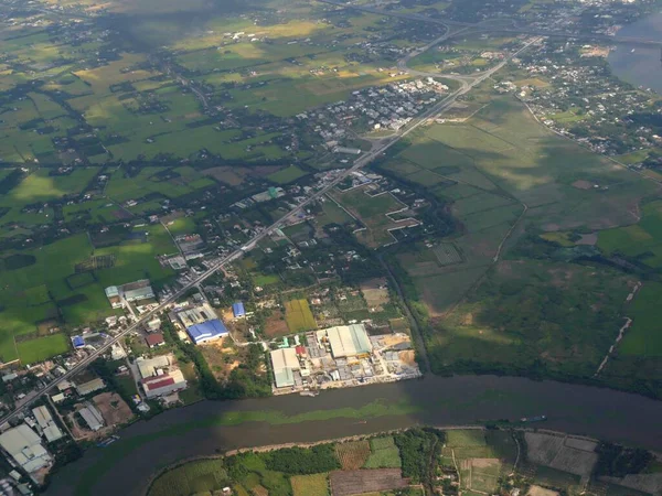 Luftaufnahme Von Dörfern Ufer Des Mekong Deltas Anflug Auf Chi — Stockfoto