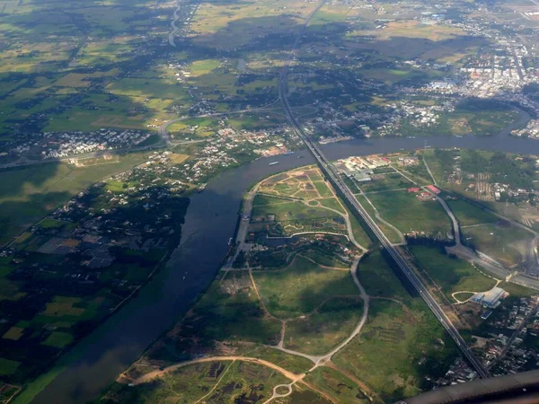 Flygfoto Vietnam Landskap Med Gårdar Och Byar Stranden Mekong Delta — Stockfoto