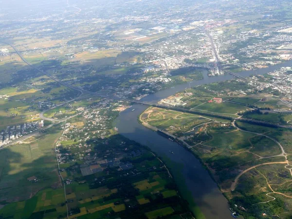 Luftaufnahme Von Bauernhöfen Und Dörfern Ufer Des Mekong Deltas Anflug — Stockfoto