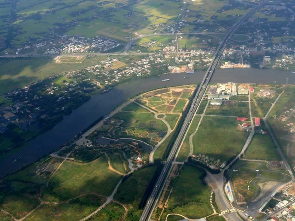 Vista Aérea Del Paisaje Vietnam Con Autopistas Pueblos Orillas Del — Foto de Stock