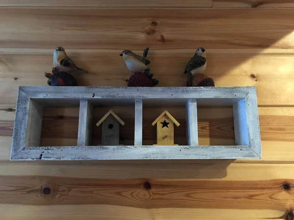 Vintage Decoratie Van Houten Vogels Kleine Vogelhuisjes Een Houten Hut — Stockfoto