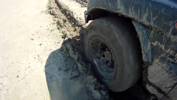 Driving over cracked soil, wheel view — Stock Video