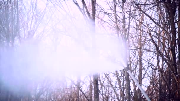 Snowmaking with a snow cannon - closeup — Stock Video