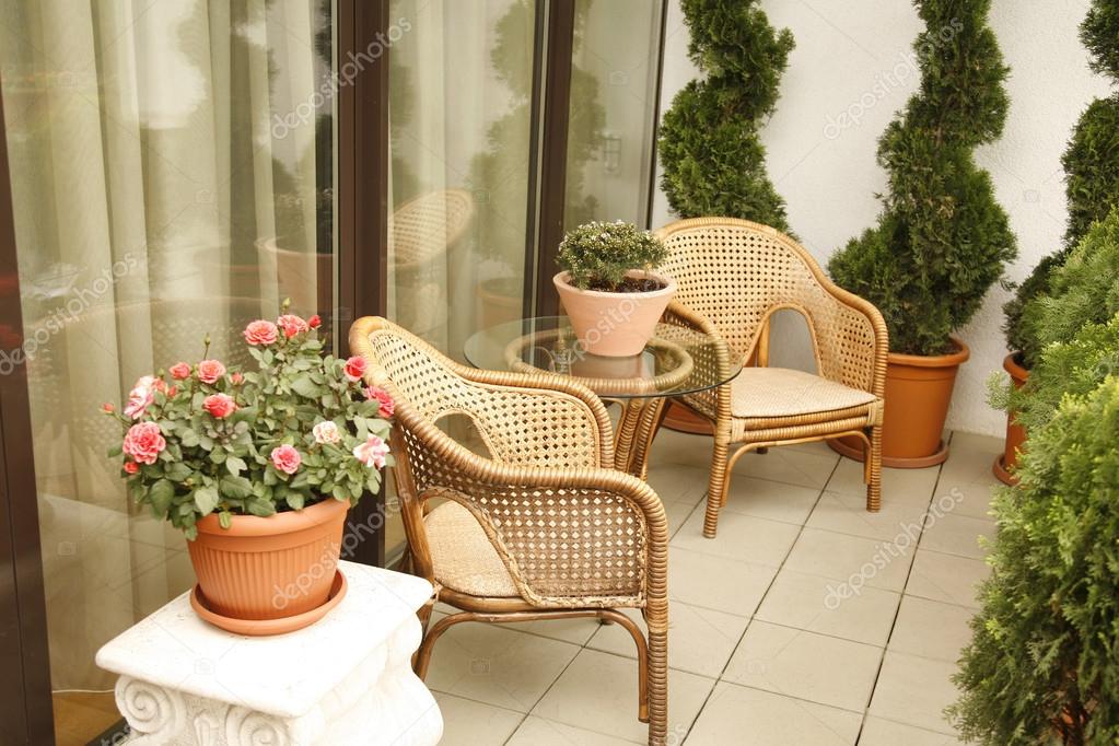 2 cozy balcony design wicker chairs glass coffee - interior .