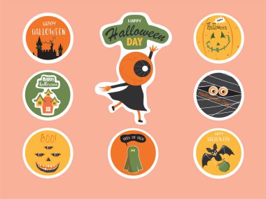 Tatil etiketi, şirin cadılar bayramı koleksiyonları, Vektör illüstrasyonu.