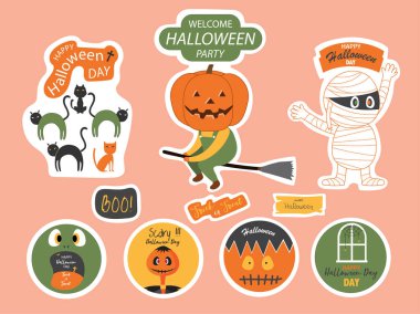 Tatil etiketi, şirin cadılar bayramı koleksiyonları, Vektör illüstrasyonu.