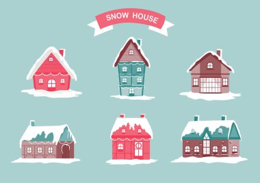 Kışlık evler koleksiyonu. Yeni yıl ve Noel için dekore edilmiş binalar, kar evi, tatil etiketi, Vector illüstrasyonları..