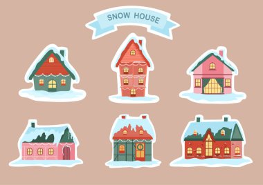 Kışlık evler koleksiyonu. Yeni yıl ve Noel için dekore edilmiş binalar, kar evi, tatil etiketi, Vector illüstrasyonları..