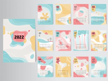 Takvim 2022 Vektör Tasarım Şablonu soyut desenli, 12 aylık küme, vektör çizimleri.