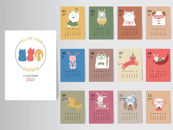 Дизайн Симпатичного Календаря Тварин 2022 Рік Рік Шаблонів Щомісячних Карт — стоковий вектор