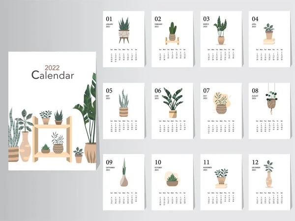 Милий Календар 2022 Дизайн Рік Шаблонів Щомісячних Карт Рослин Набір — стоковий вектор