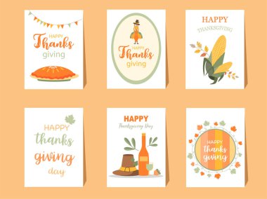 Dizi mutlu Şükran günü kartı, tasarım, poster, şablon, tebrik, hayvan, şirin, vektör çizimler.