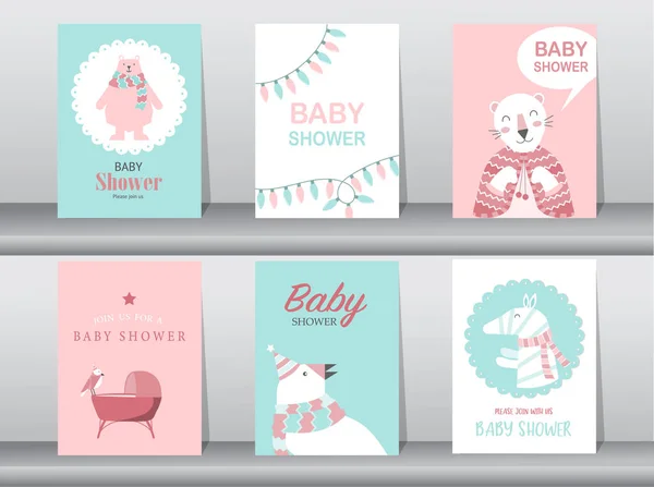 Set Van Baby Shower Uitnodigingskaarten Verjaardagskaarten Poster Sjabloon Wenskaarten Schattig — Stockvector