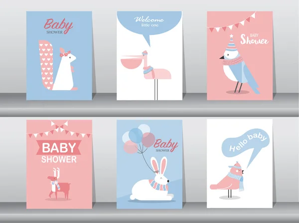 Set Van Baby Shower Uitnodigingen Kaarten Poster Begroeting Template Dier — Stockvector