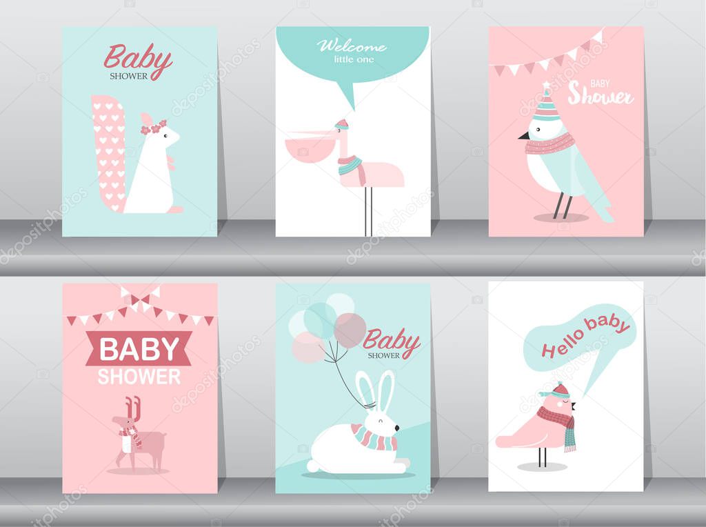 Set of baby shower invitations cards,poster,greeting,template,animal,cute,Vector illustrations