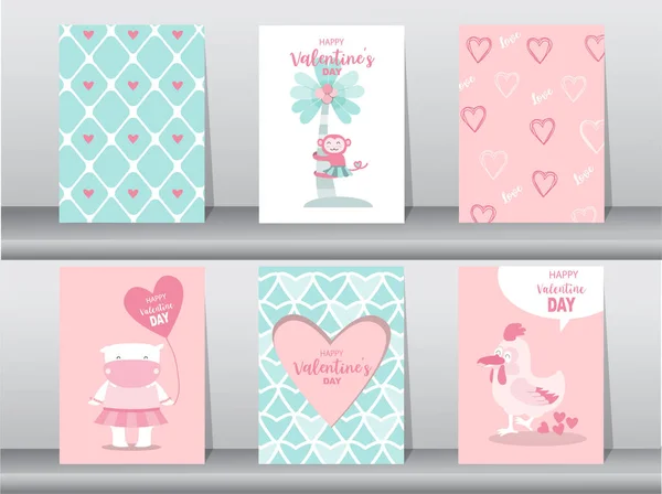 Conjunto Afiches Animales Lindos Diseño Para Día San Valentín Plantilla — Vector de stock