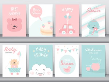 Bebek partisi davetiyeleri, mutlu yıllar, poster, şablon, selamlama, şirin, hayvan, vektör çizimleri.