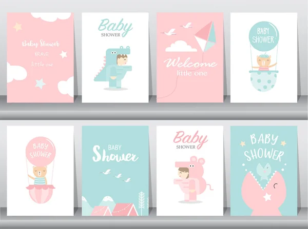 Set Biglietti Invito Baby Shower Buon Compleanno Poster Modello Saluto — Vettoriale Stock