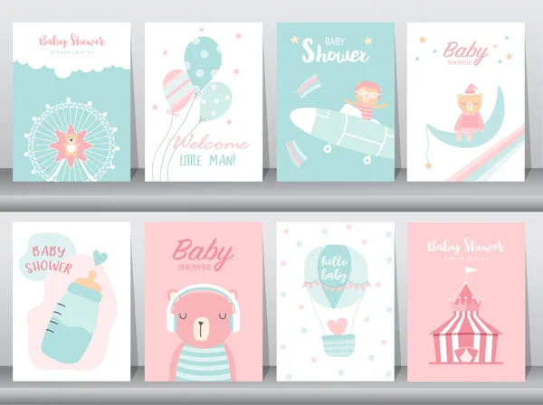 Set Von Baby Dusche Einladungskarten Alles Gute Zum Geburtstag Poster — Stockvektor