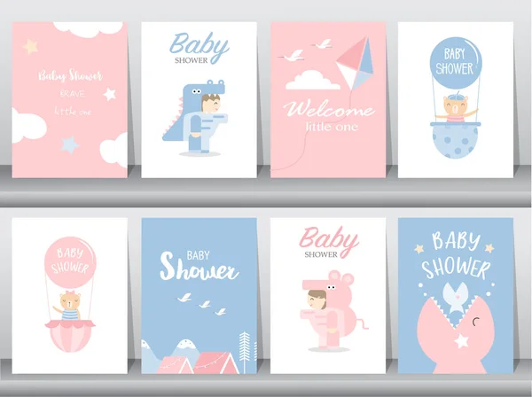 Set Von Baby Dusche Einladungskarten Alles Gute Zum Geburtstag Poster — Stockvektor