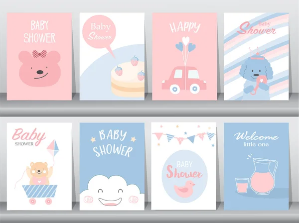 Set Biglietti Invito Baby Shower Buon Compleanno Poster Modello Saluto — Vettoriale Stock