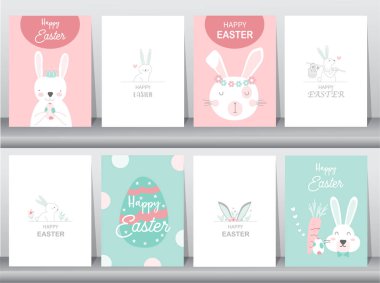 Paskalya tebrik kartları, şablon, tavşanlar, şirin, yumurta, vektör çizimler..