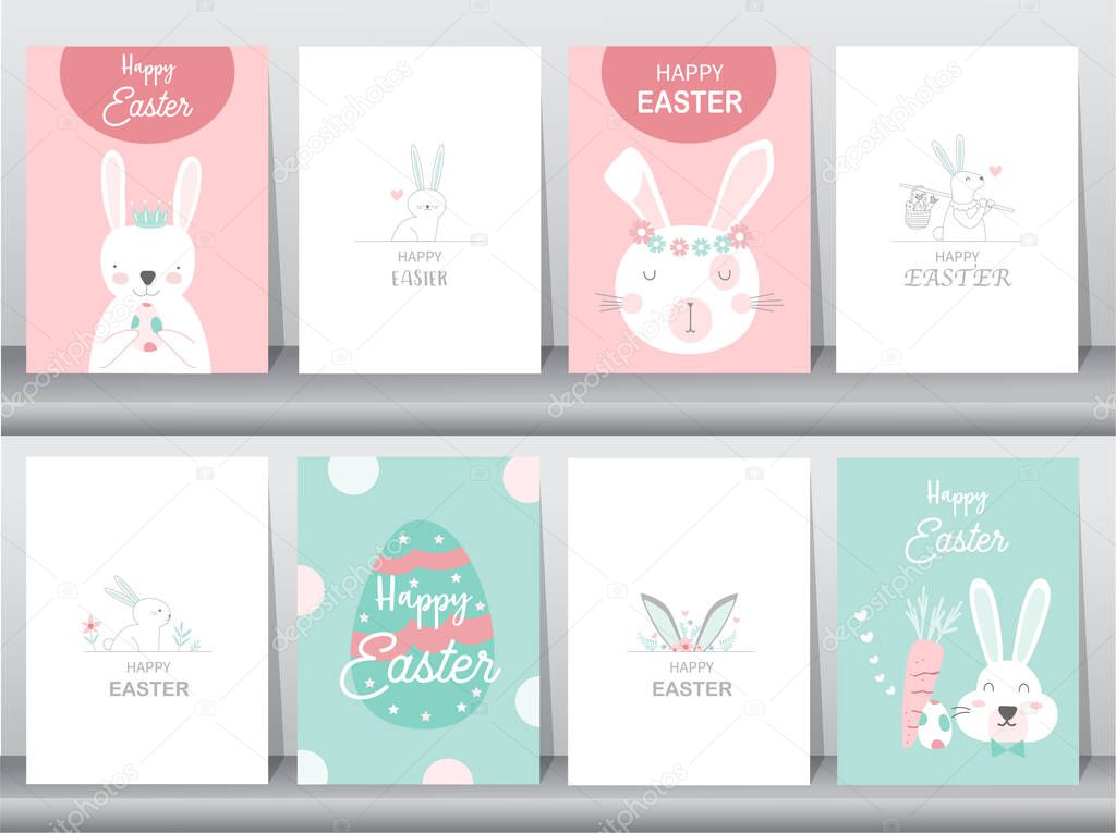 Set of Easter greeting cards,template,rabbits,cute,eggs,Vector illustrations.