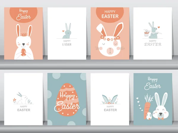 Набор Пасхальных Открыток Шаблонов Кроликов Кроликов Милых Яиц Векторных Иллюстраций — стоковый вектор