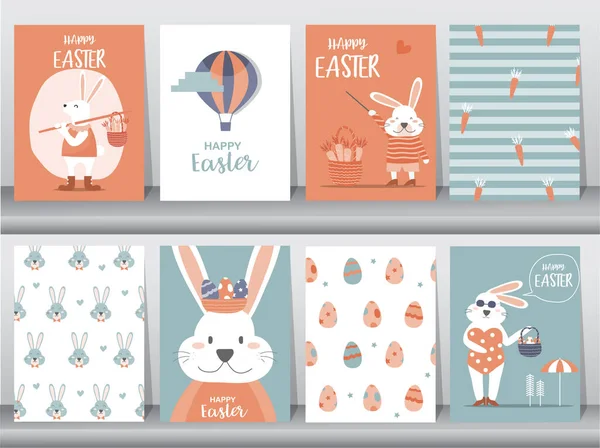 Set Easter Greeting Cards Template Rabbits Bunny Cute Eggs Vector — Stock Vector