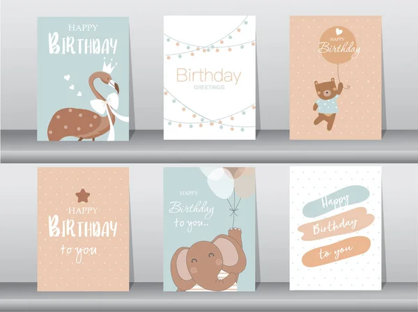 Zestaw Kartek Urodzinowych Plakat Zaproszenie Szablon Kartki Okolicznościowe Zwierzęta Słodkie — Wektor stockowy