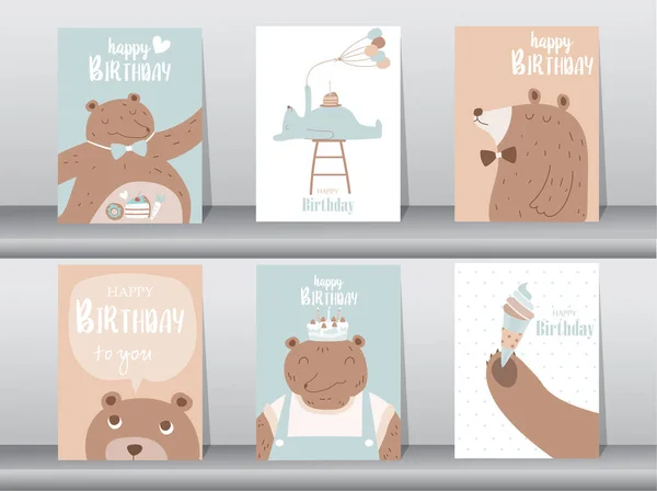 Set Birthday Cards Poster Invitation Template Greeting Cards Animals Cute — 스톡 벡터