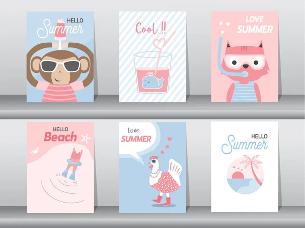 Zestaw Cute Zwierząt Letniej Kartki Wzór Projektowania Plakat Szablon Pozdrowienia — Wektor stockowy