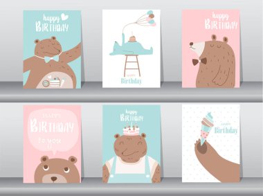 Doğum günü kartları, poster, davetiye, şablon, tebrik kartları, hayvanlar, şirin, Vektör çizimleri