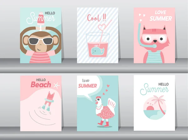 Set Cute Animal Summer Card Pattern Design Poster Template Greeting — стоковый вектор