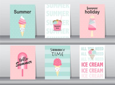 Yaz davetiyesi için dondurma tasarımı koleksiyonu, mutlu ulusal dondurma günü, poster, selamlama, şablon, koni, kepçe, vektör çizimleri.